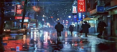 日剧《东京侦探》剧照，主角在东京街头侦查，雨夜霓虹灯光反射在湿润路面，日韩在线高清日语中字