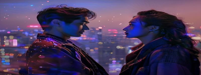 韩剧《城市恋人》剧照，男女主角在首尔夜景天台深情对视，霓虹灯光渲染浪漫氛围，日韩在线独家高清